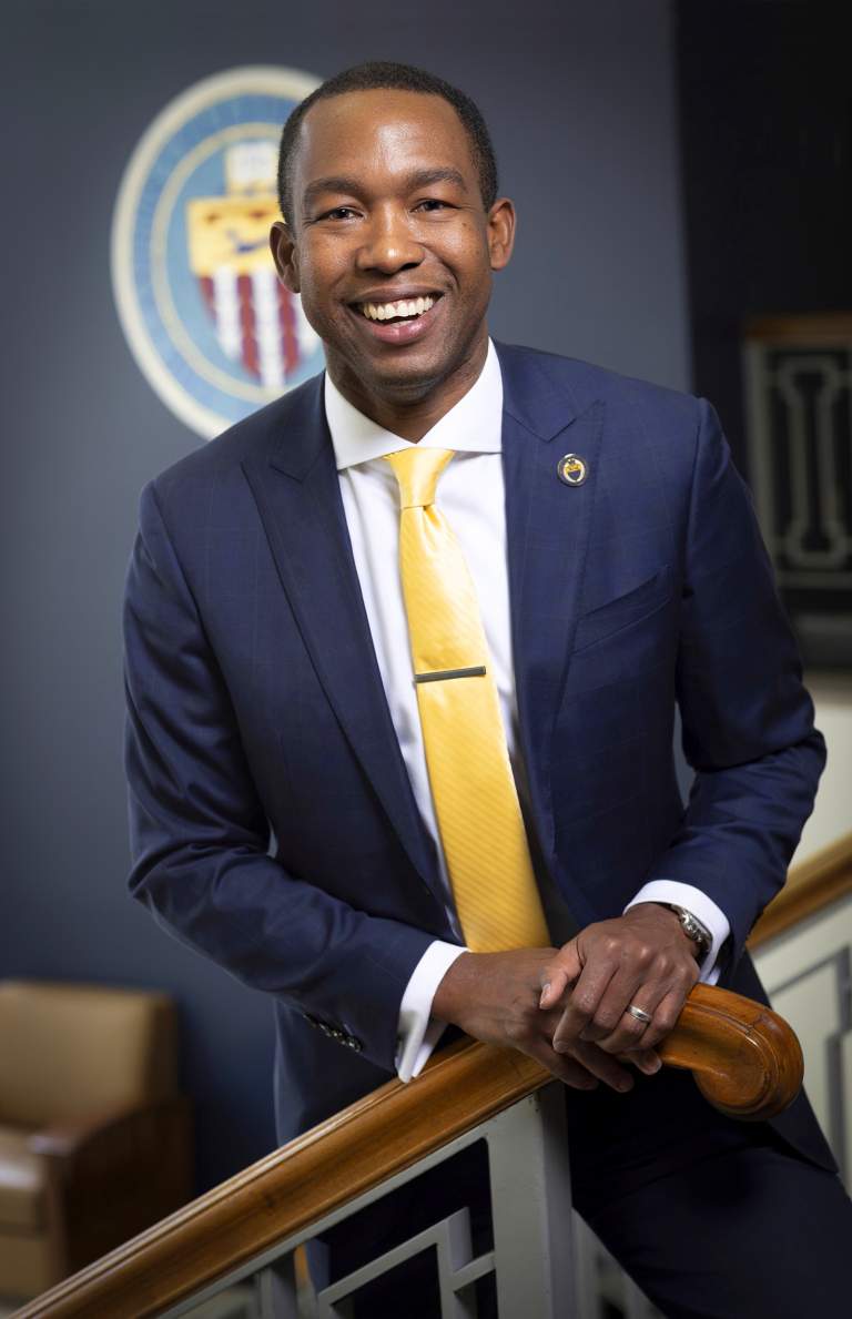 University president Canisius University Steve Stoute in university stairwell