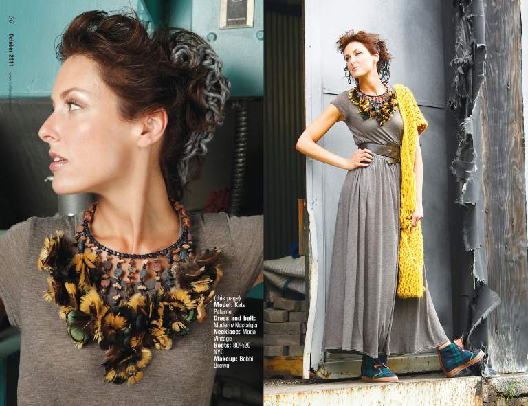 Model with feather necklace in boiler room